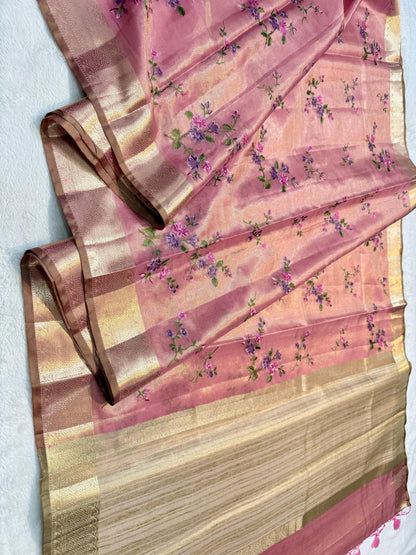 Pink Tissue Designer Embroidery Premium Banarasi Saree