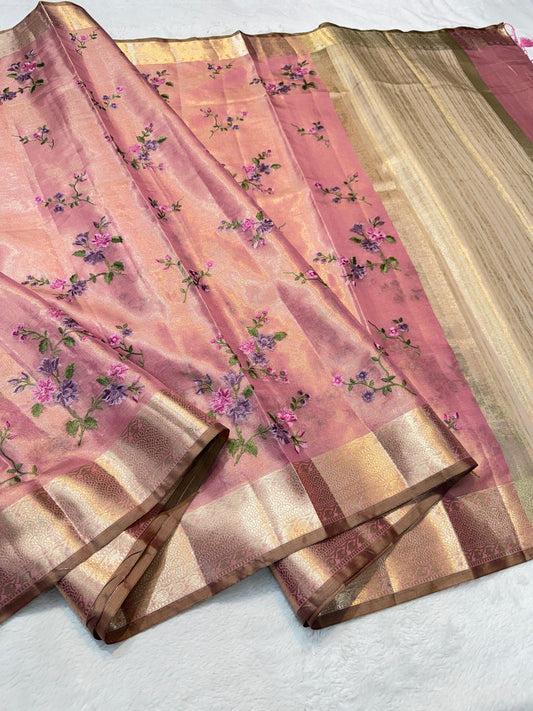 Pink Tissue Designer Embroidery Premium Banarasi Saree