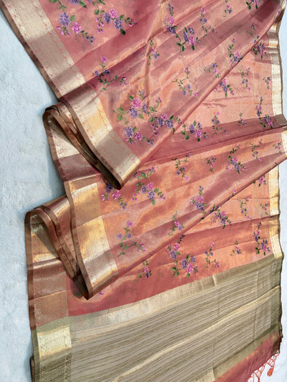 Peach Tissue Designer Embroidery Premium Banarasi Saree