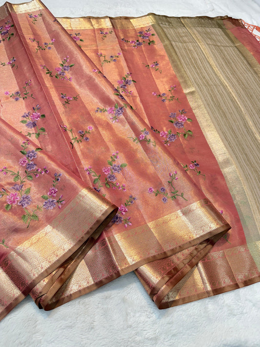 Peach Tissue Designer Embroidery Premium Banarasi Saree