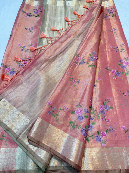 Peach Tissue Designer Embroidery Premium Banarasi Saree
