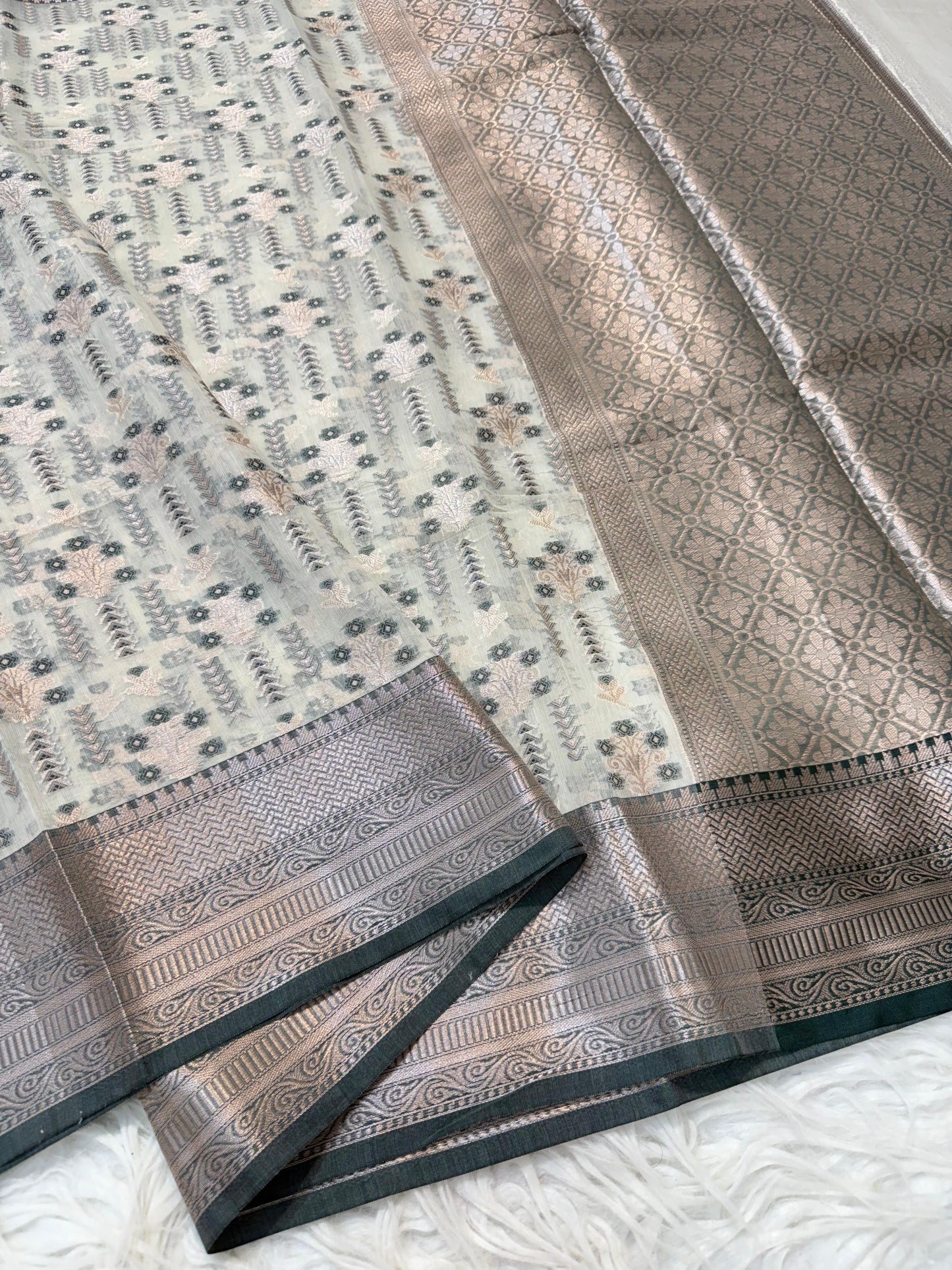 Bottle Green Cotton Mina Kari Banarasi Saree