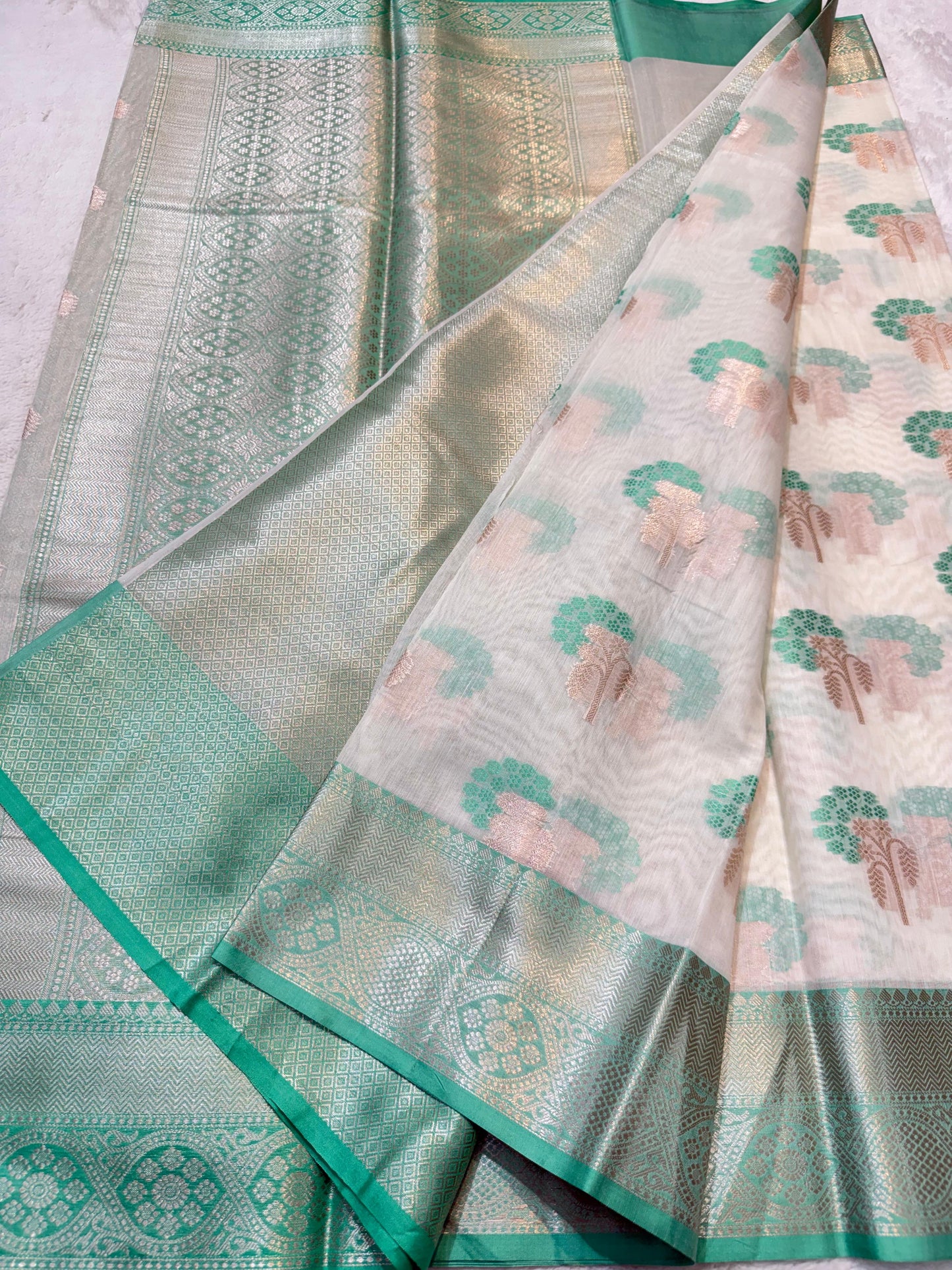 See Green Cotton Mina Kari Banarasi Saree