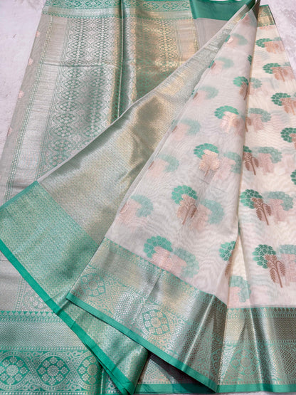See Green Cotton Mina Kari Banarasi Saree