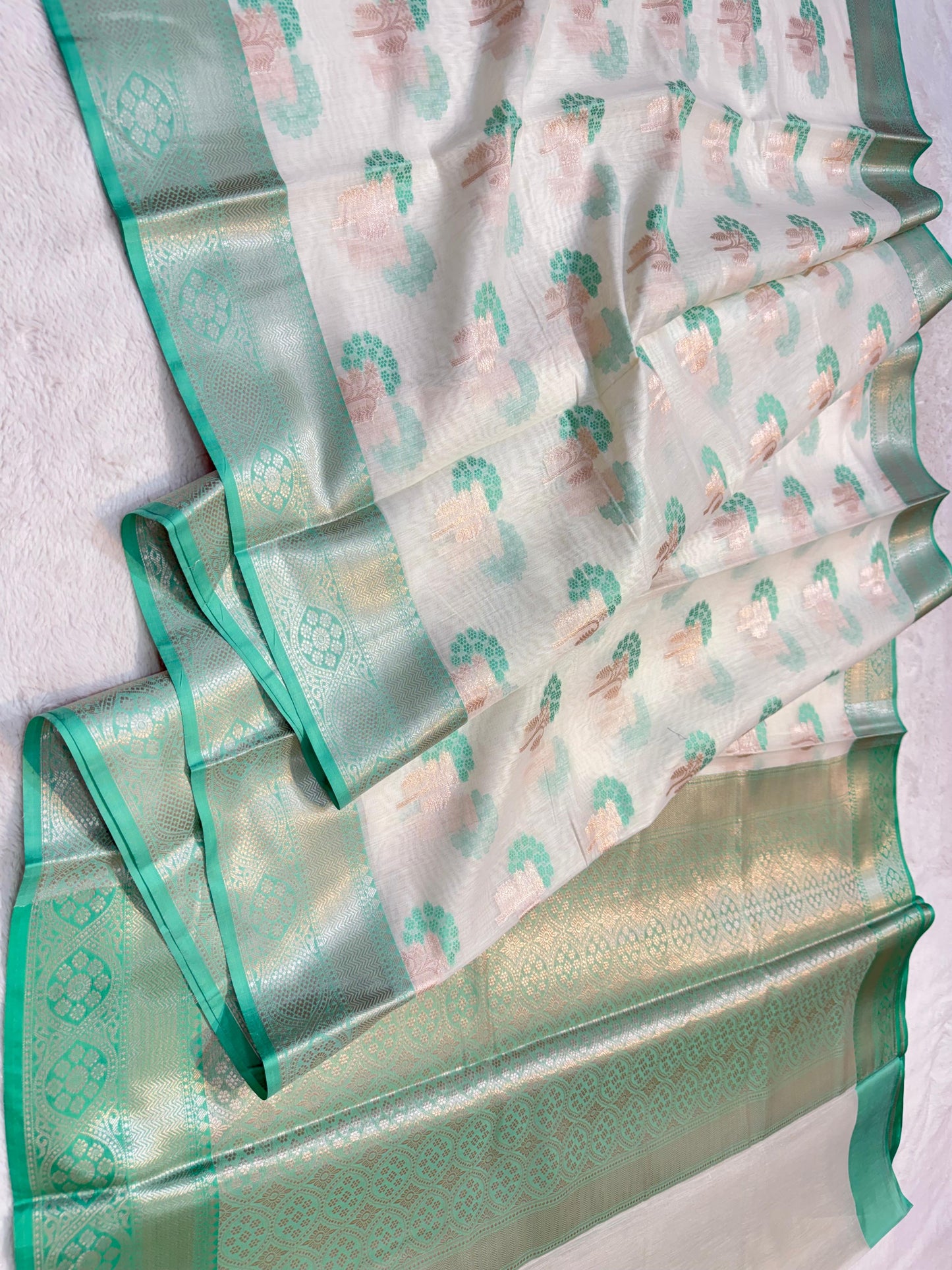 See Green Cotton Mina Kari Banarasi Saree