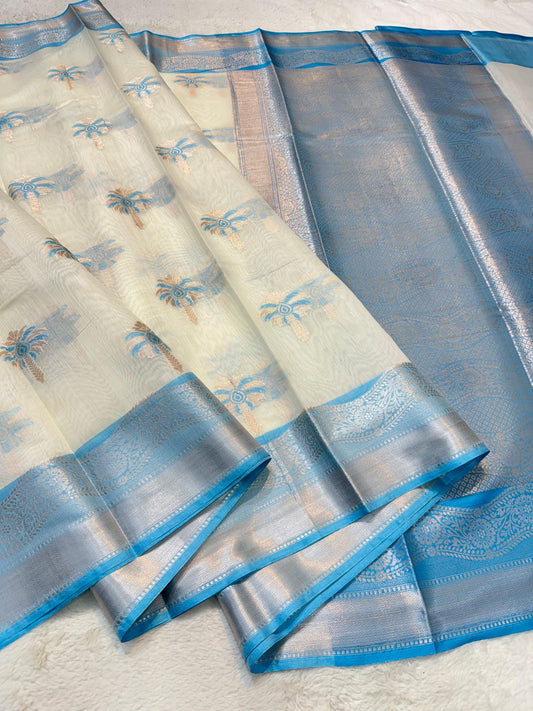 Sky Blue Cotton Mina Kari Banarasi Saree