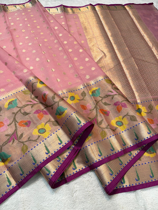 Pink Cotton Kota Pathni Border Premium Banarasi Saree