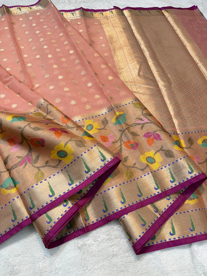 Peach Cotton Kota Pathni Border Premium Banarasi Saree