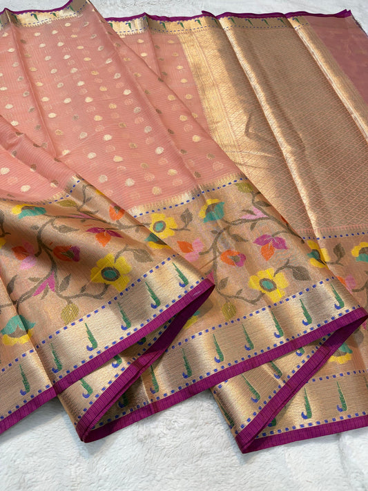 Peach Cotton Kota Pathni Border Premium Banarasi Saree
