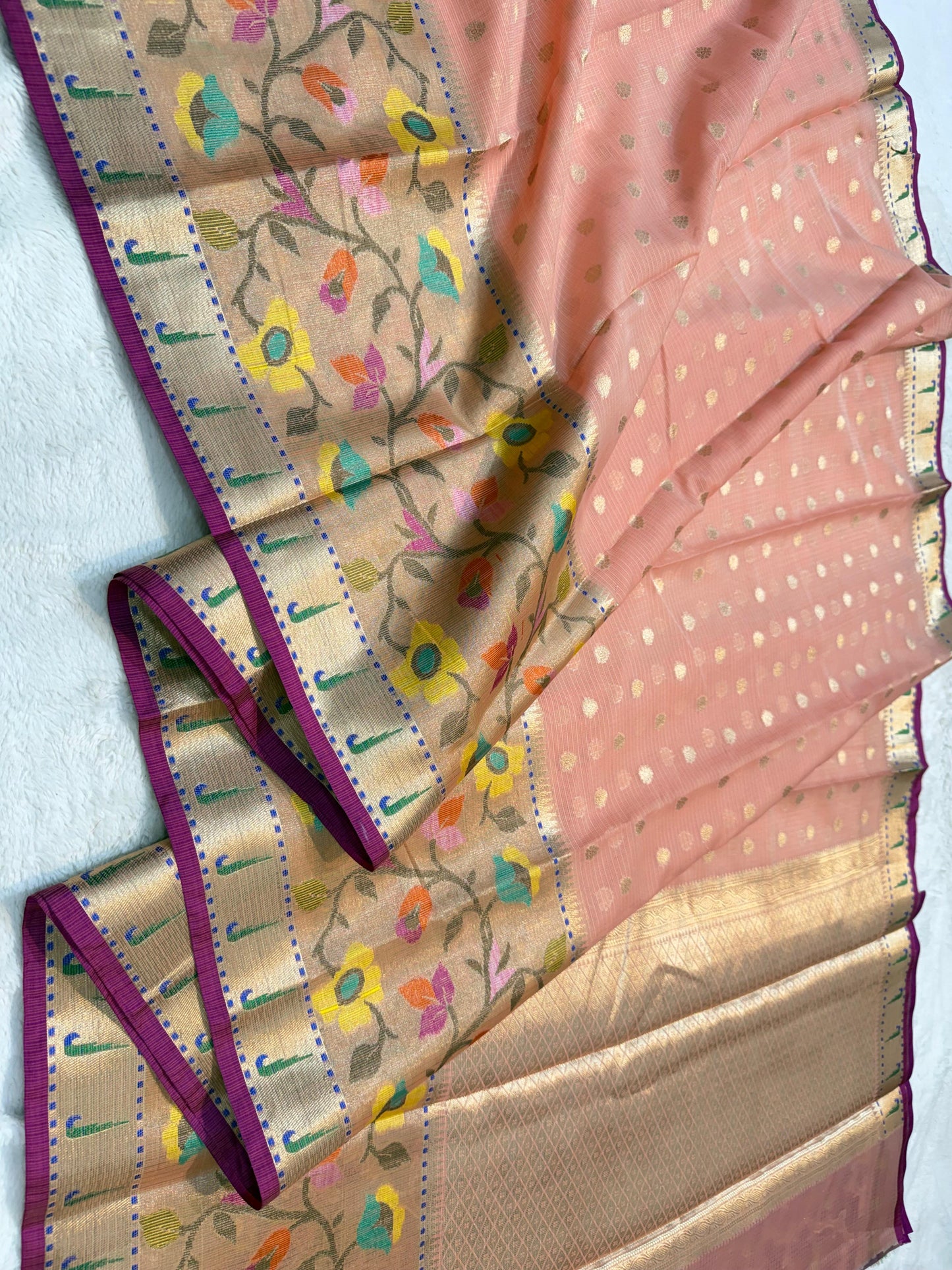 Peach Cotton Kota Pathni Border Premium Banarasi Saree