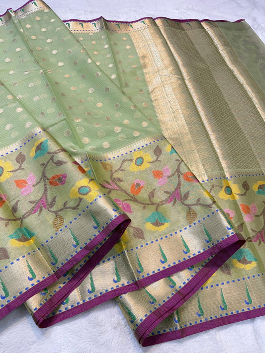 Green Cotton Kota Pathni Border Premium Banarasi Saree