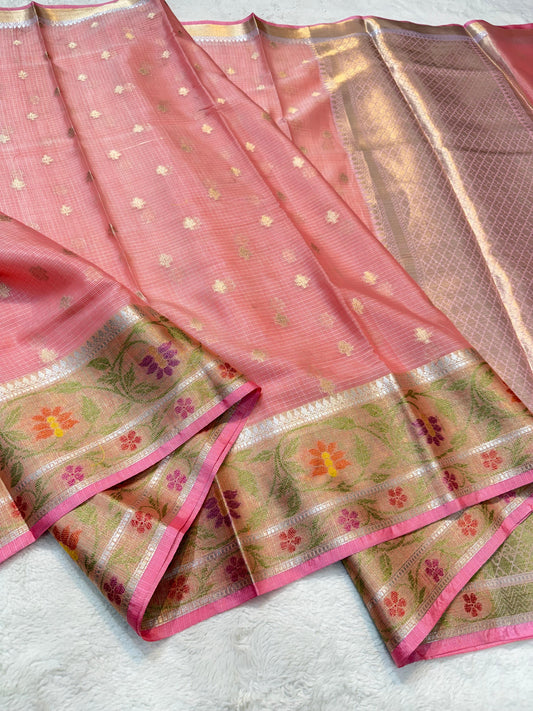Peach Cotton Kota Pathni Border Premium Banarasi Saree