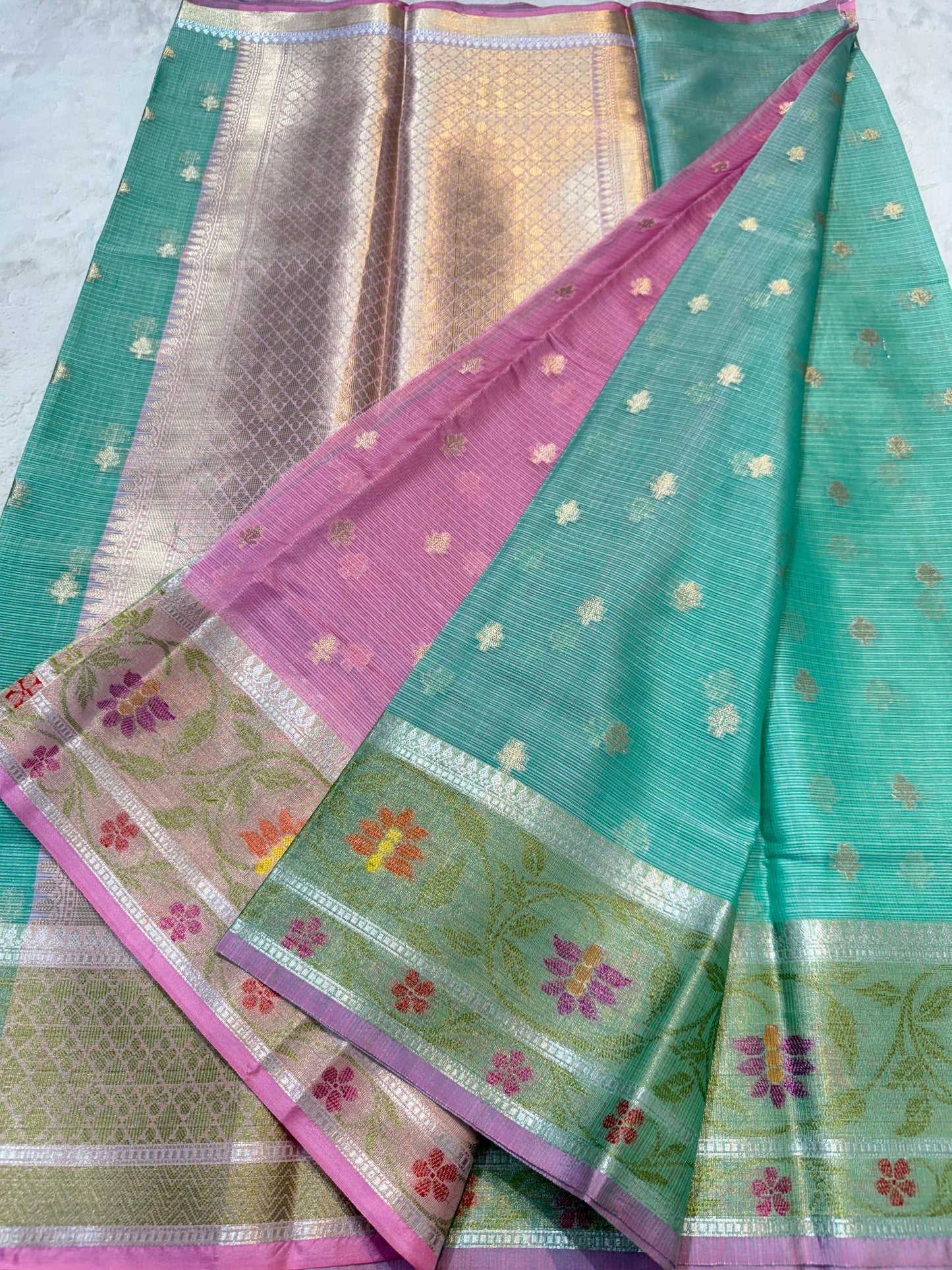 Ocean Blue Cotton Kota Pathni Border Premium Banarasi Saree