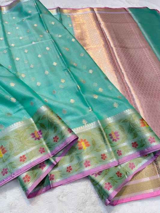 Ocean Blue Cotton Kota Pathni Border Premium Banarasi Saree
