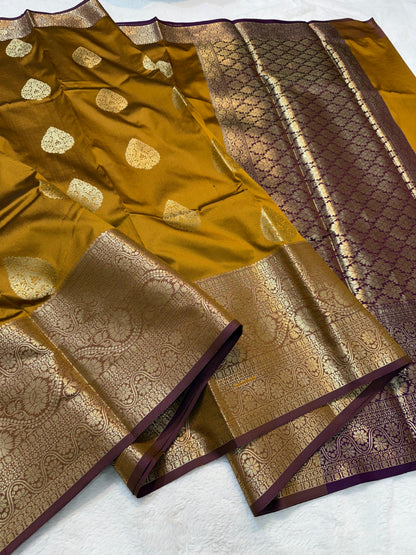 Mustard Banaras Soft Silk Saree