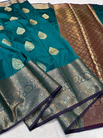 Peacock Blue Banaras Soft Silk Saree