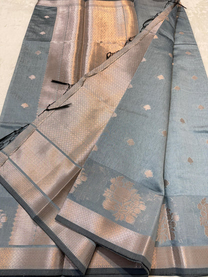 Greyish Green Tusser Silk Banarasi Saree