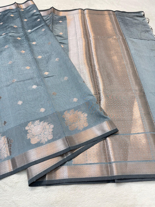 Greyish Green Tusser Silk Banarasi Saree