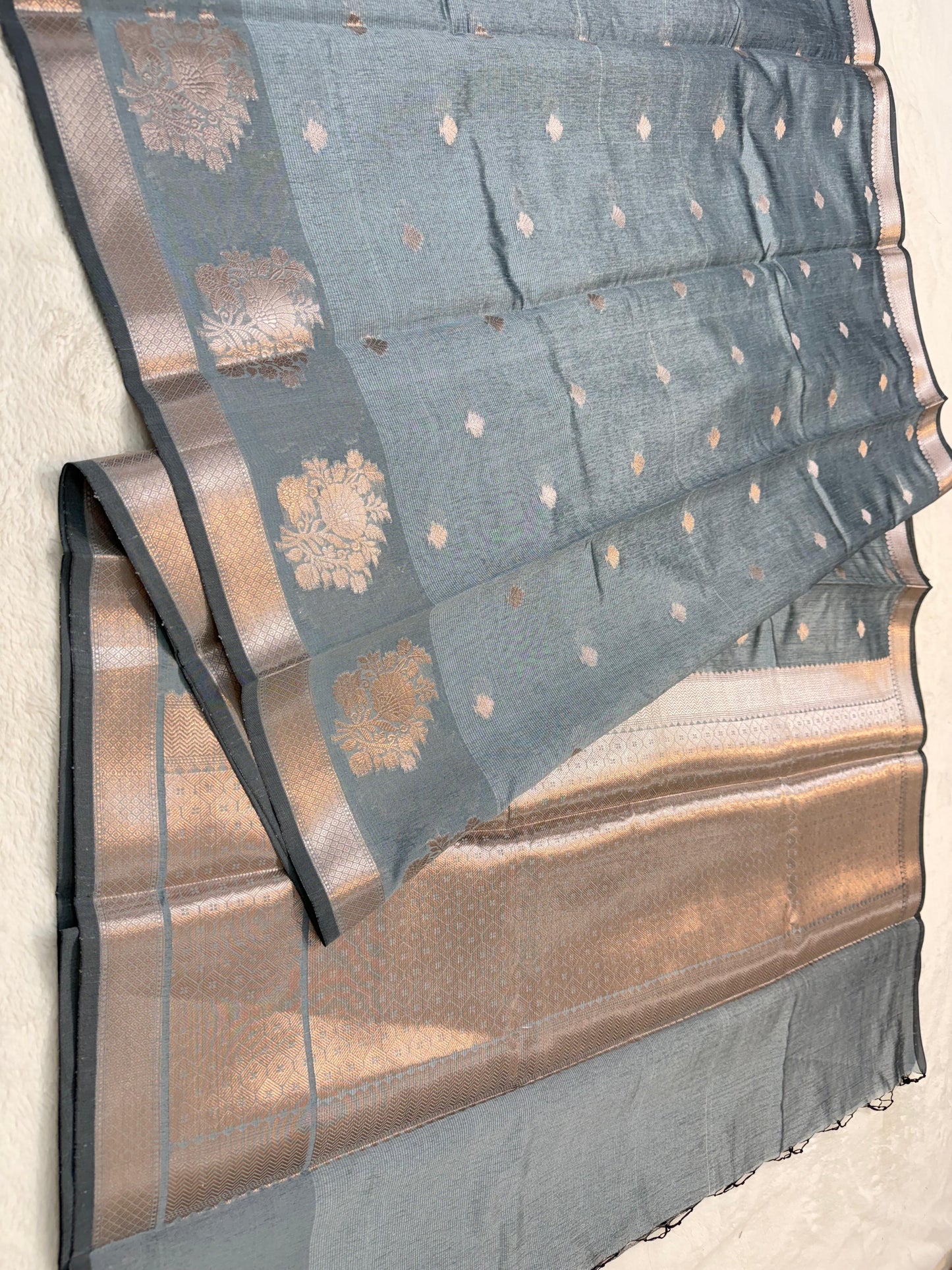 Greyish Green Tusser Silk Banarasi Saree