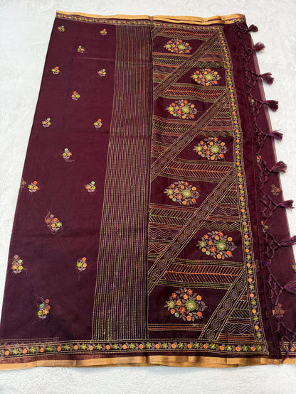 Wine Kora Organza Embroidery Premium Banarasi Saree