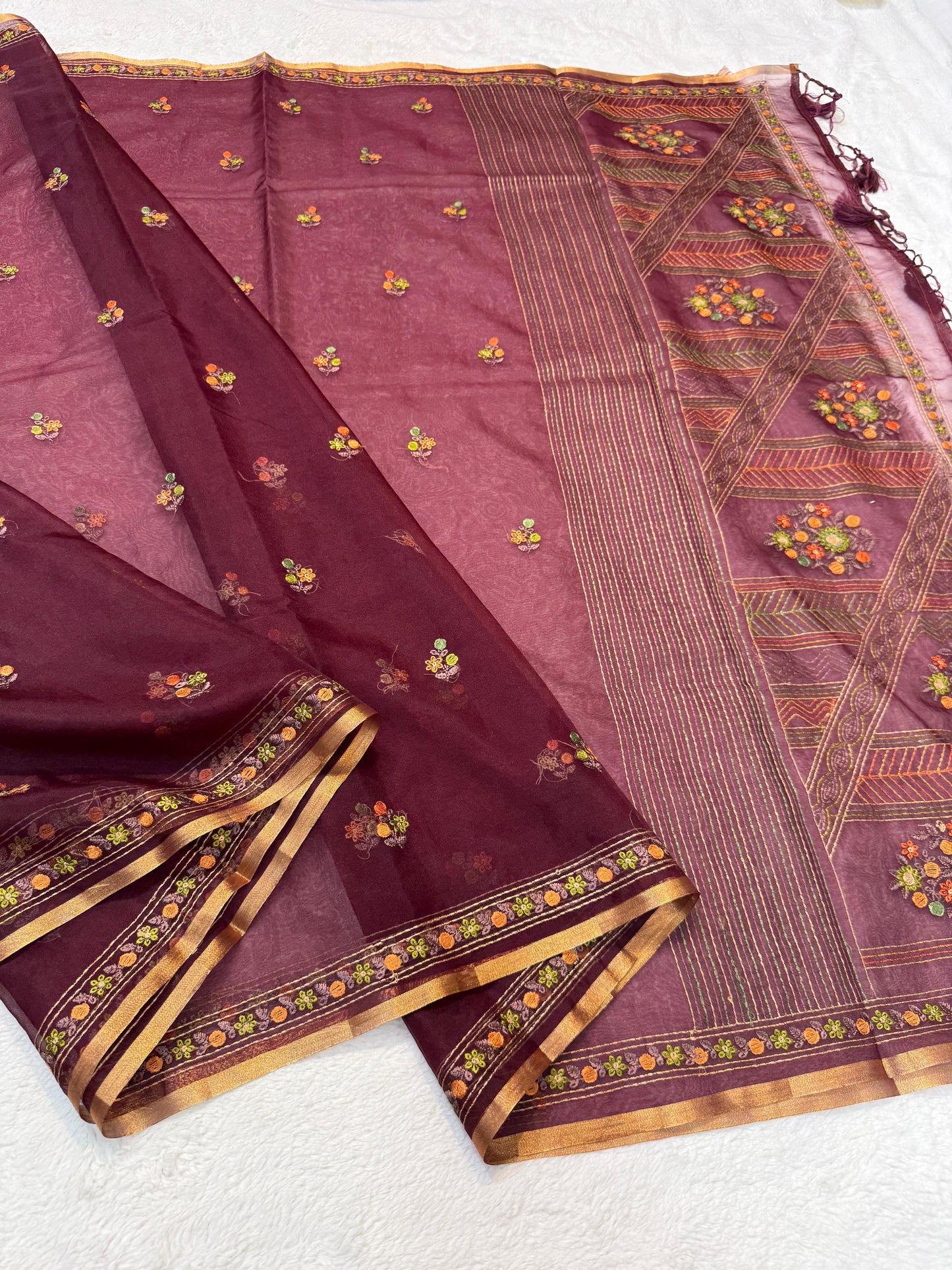 Wine Kora Organza Embroidery Premium Banarasi Saree