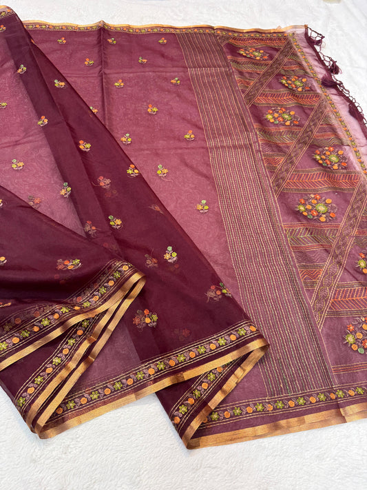 Wine Kora Organza Embroidery Premium Banarasi Saree