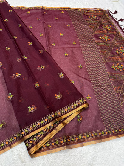 Wine Kora Organza Embroidery Premium Banarasi Saree