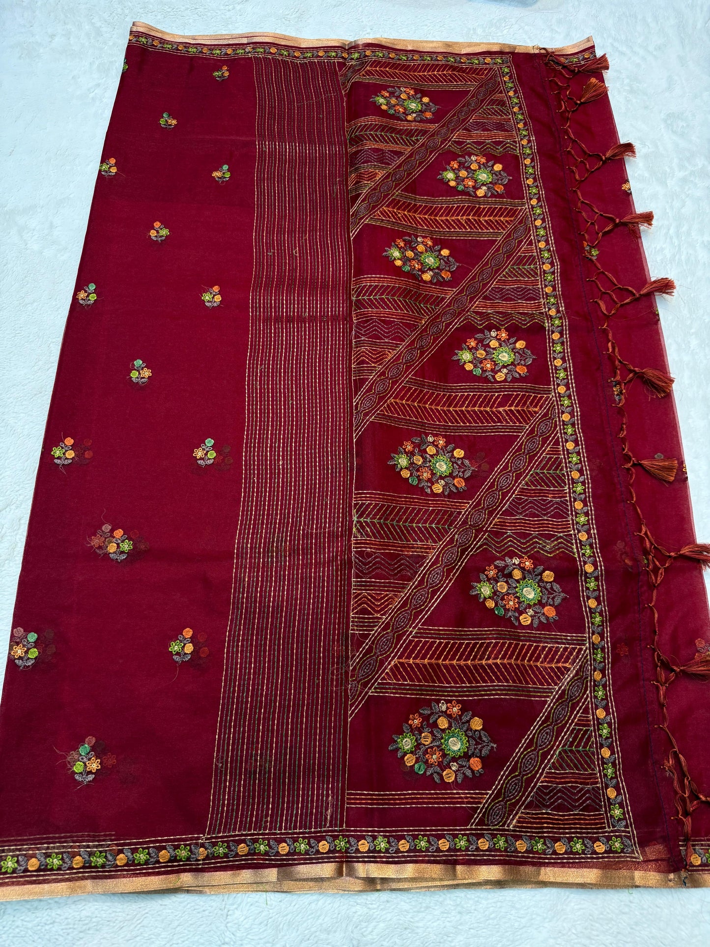 Maroon Kora Organza Embroidery Premium Banarasi Saree
