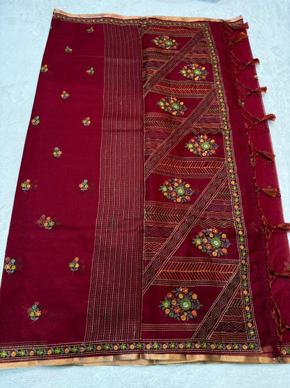 Maroon Kora Organza Embroidery Premium Banarasi Saree