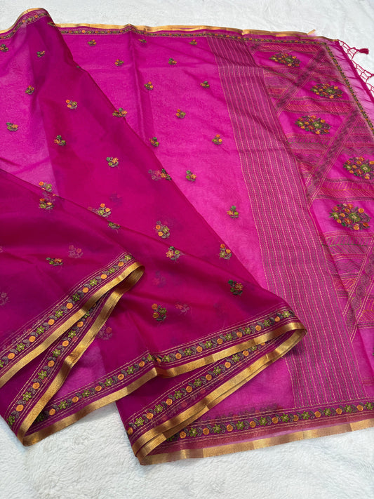 Rani Kora Organza Embroidery Premium Banarasi Saree