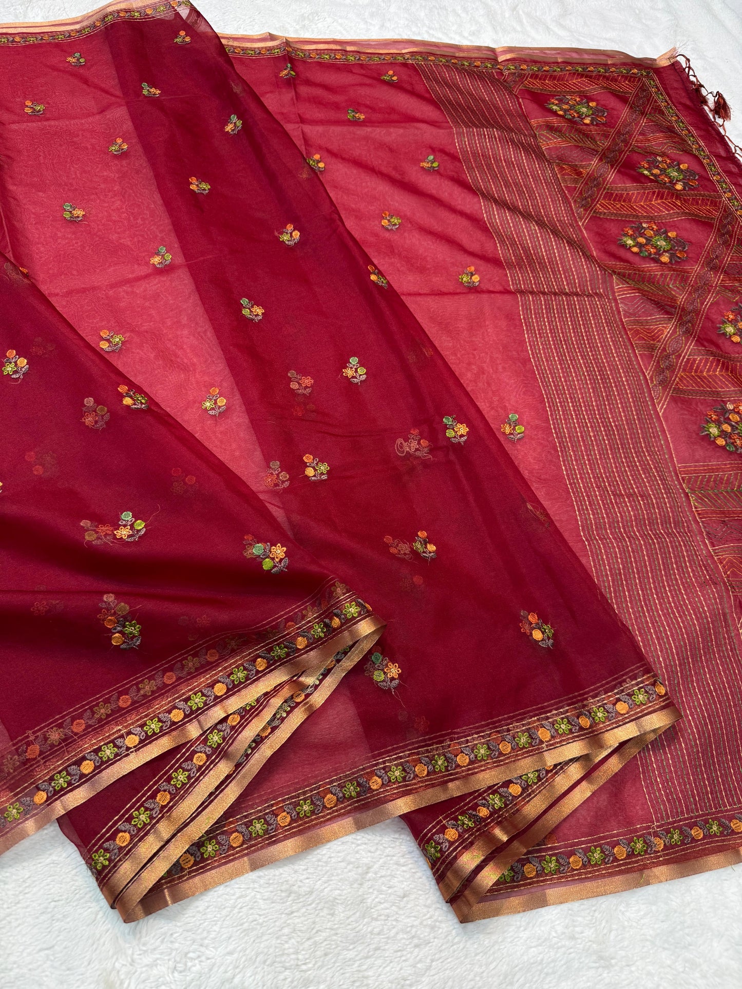 Maroon Kora Organza Embroidery Premium Banarasi Saree