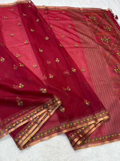 Maroon Kora Organza Embroidery Premium Banarasi Saree