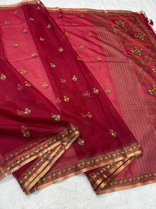 Maroon Kora Organza Embroidery Premium Banarasi Saree
