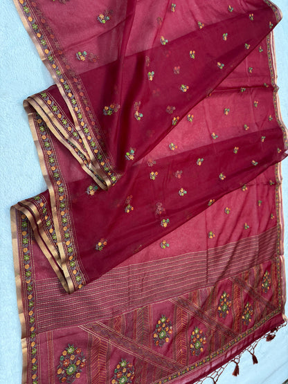 Maroon Kora Organza Embroidery Premium Banarasi Saree