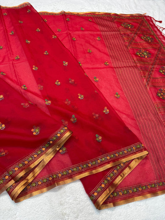 Red Kora Organza Embroidery Premium Banarasi Saree