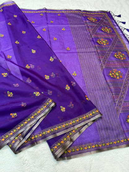 Royal Blue Kora Organza Embroidery Premium Banarasi Saree