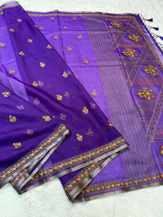 Royal Blue Kora Organza Embroidery Premium Banarasi Saree