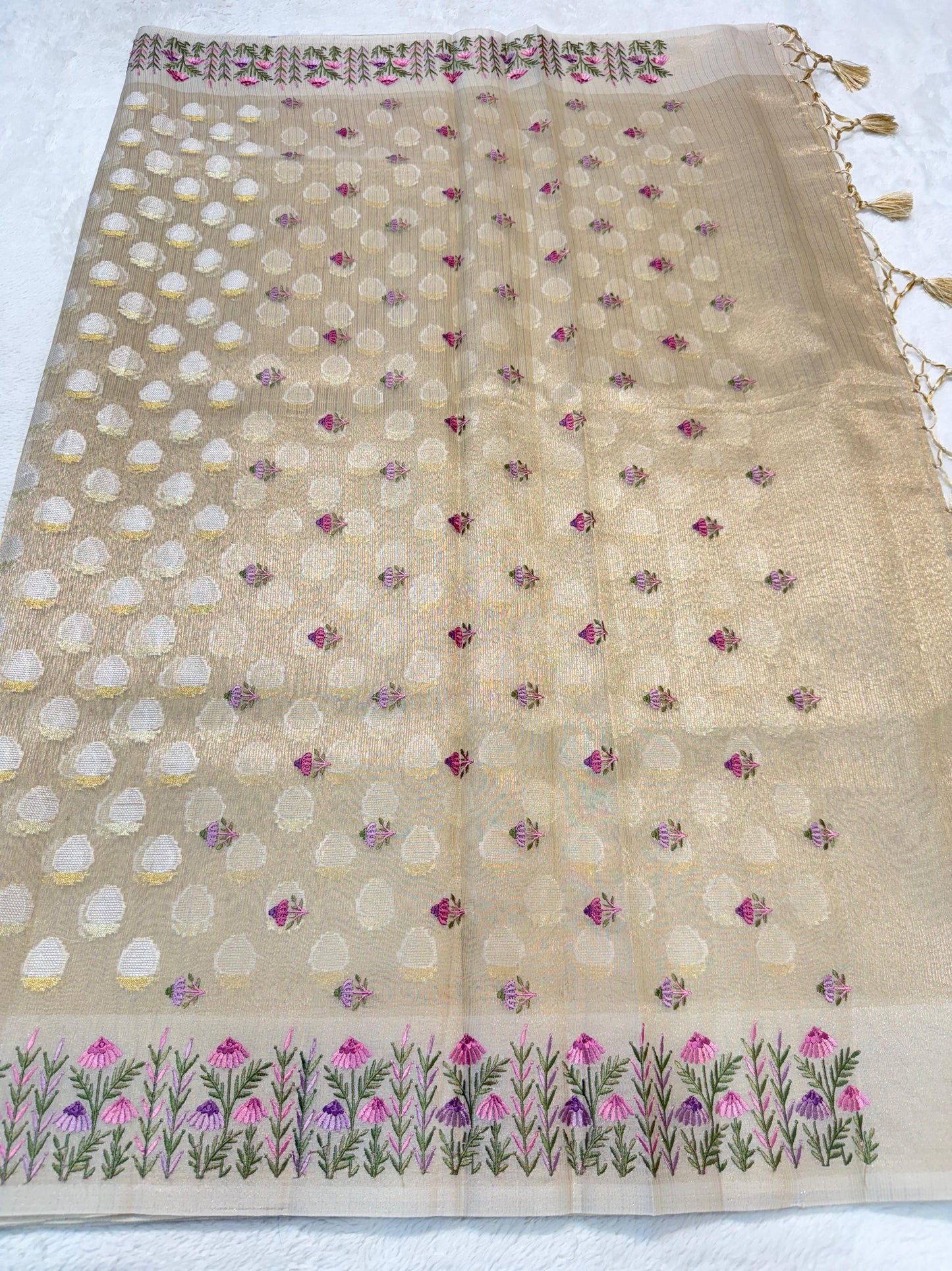 Beige Tissue Kota Designer Embroidery Premium Banarasi Saree