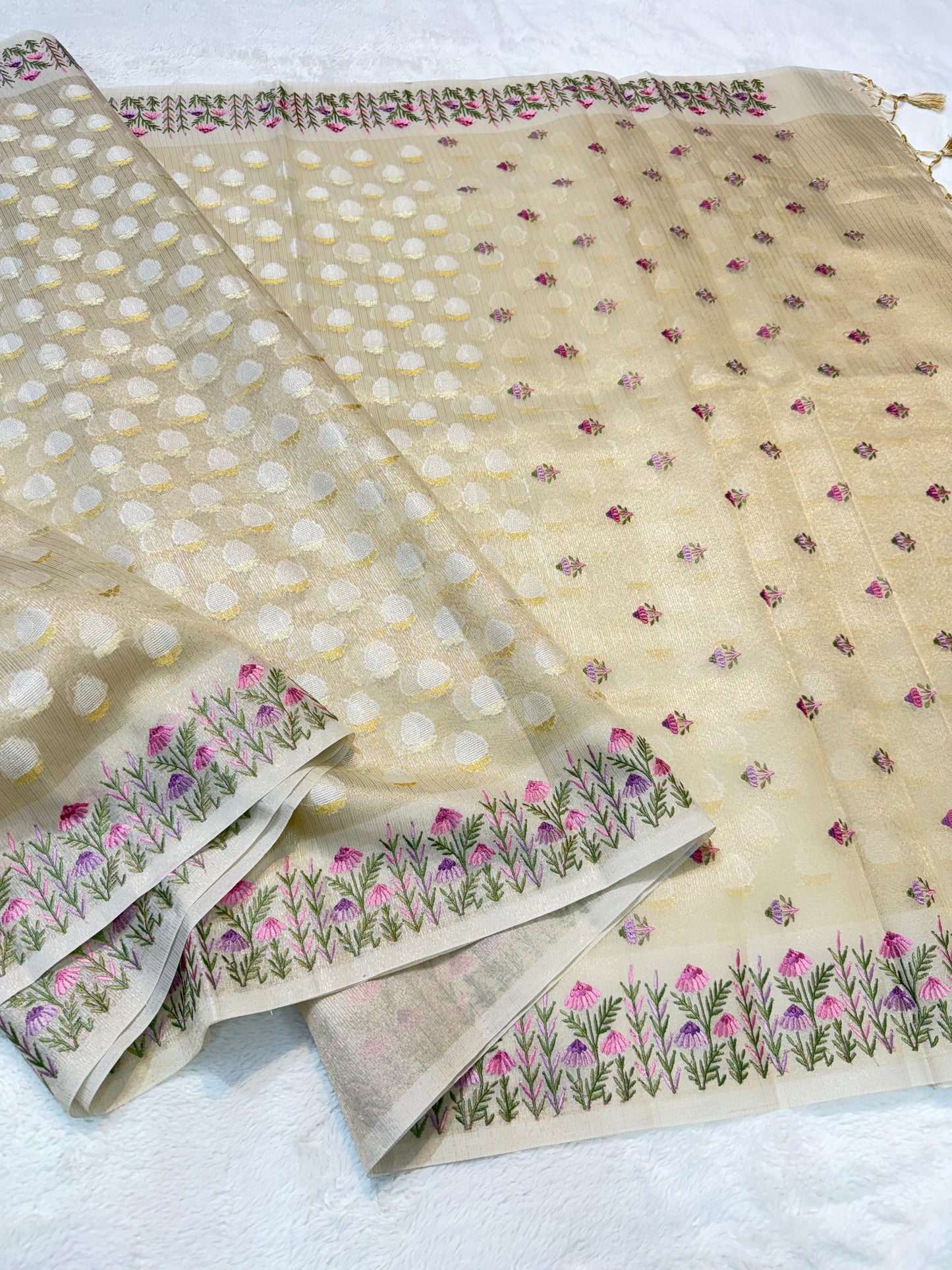 Beige Tissue Kota Designer Embroidery Premium Banarasi Saree