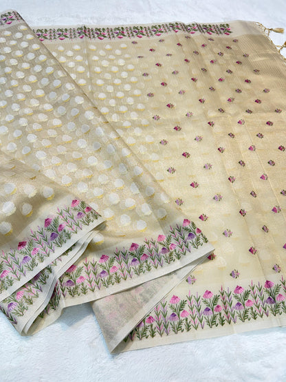 Beige Tissue Kota Designer Embroidery Premium Banarasi Saree
