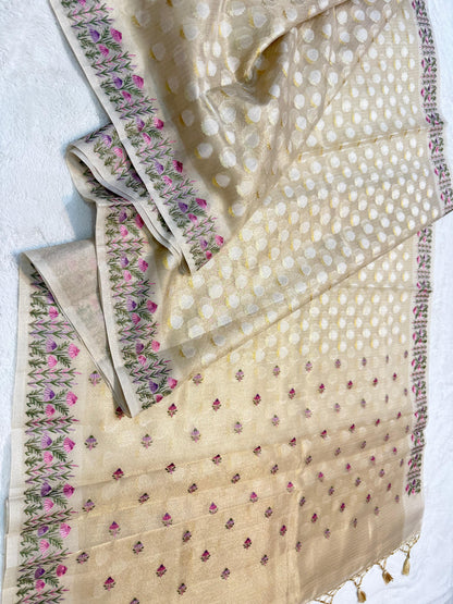 Beige Tissue Kota Designer Embroidery Premium Banarasi Saree