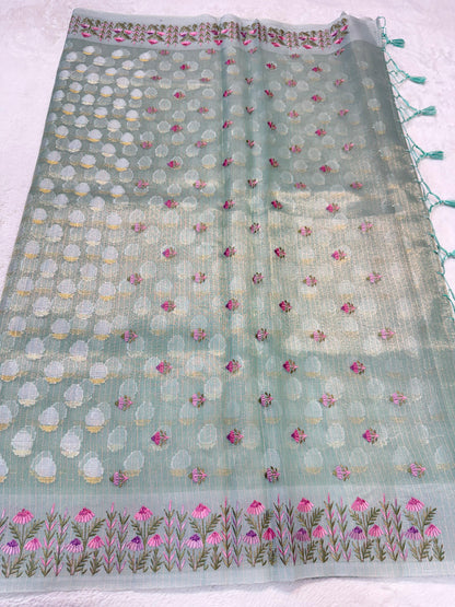 Sea Green Tissue Kota Designer Embroidery Premium Banarasi Saree
