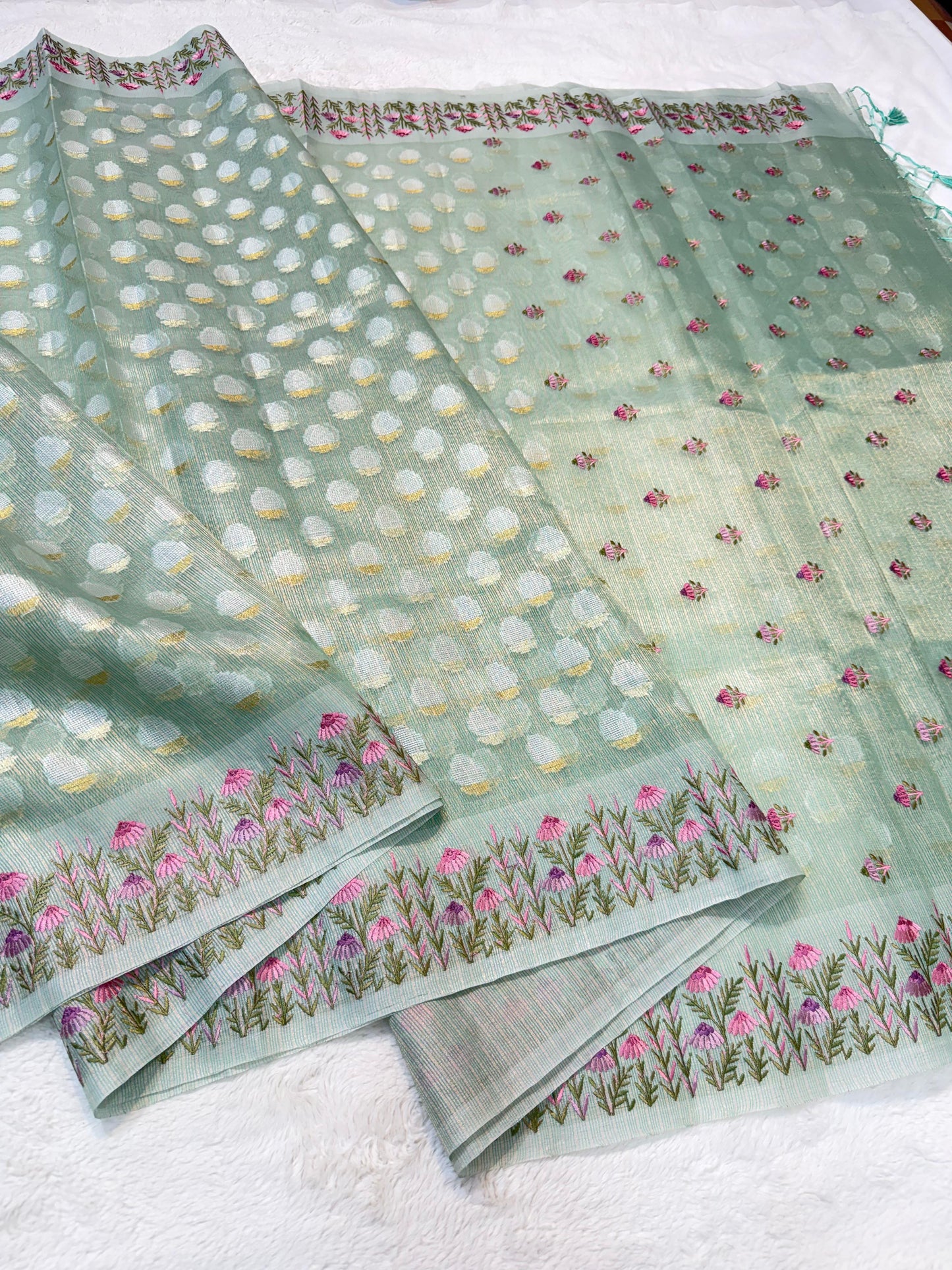 Sea Green Tissue Kota Designer Embroidery Premium Banarasi Saree
