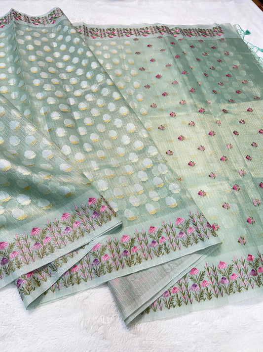 Sea Green Tissue Kota Designer Embroidery Premium Banarasi Saree