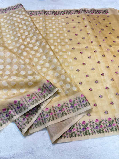 Gold Tissue Kota Designer Embroidery Premium Banarasi Saree