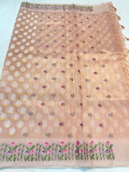 Peach Tissue Kota Designer Embroidery Premium Banarasi Saree