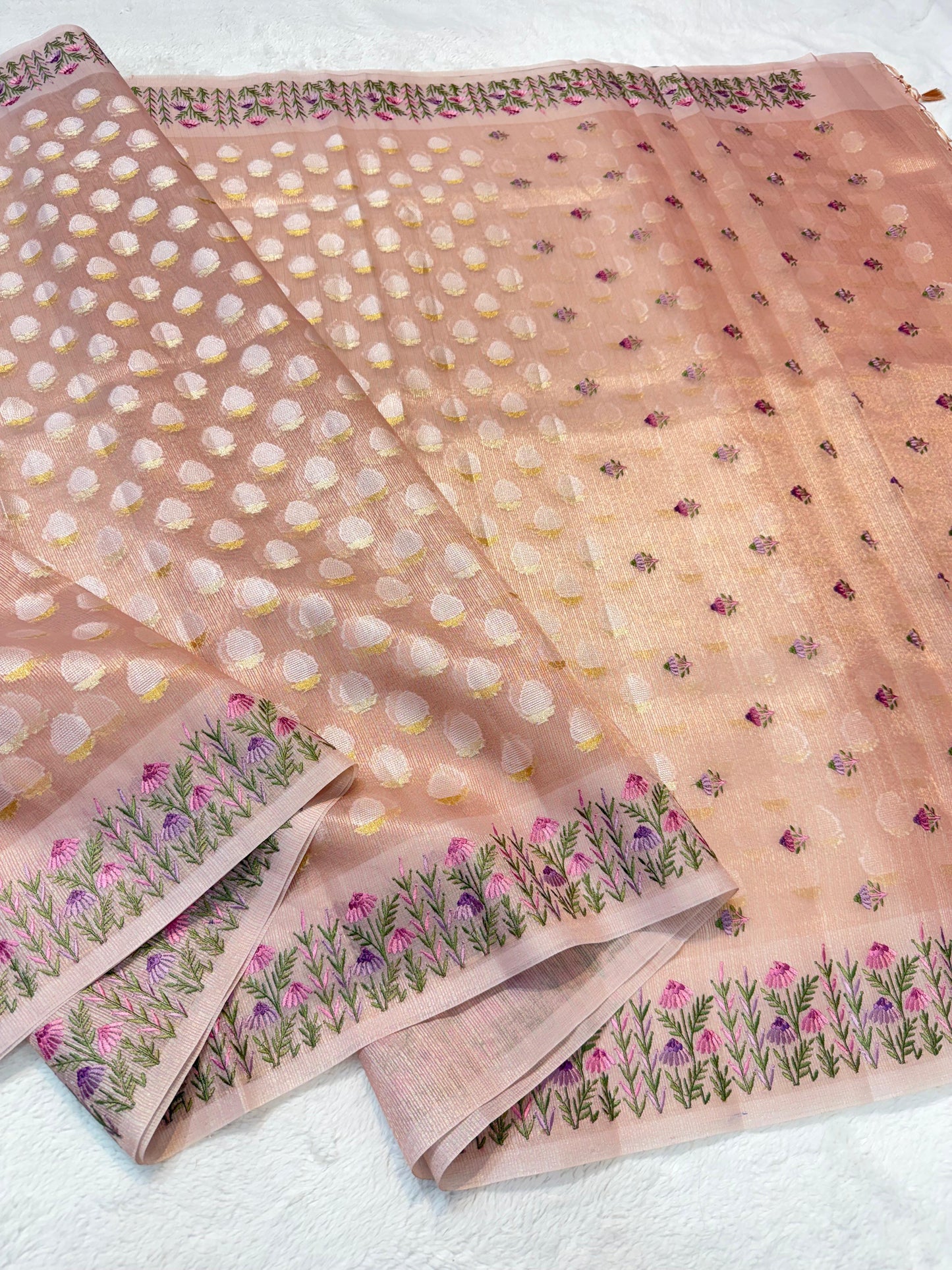 Peach Tissue Kota Designer Embroidery Premium Banarasi Saree