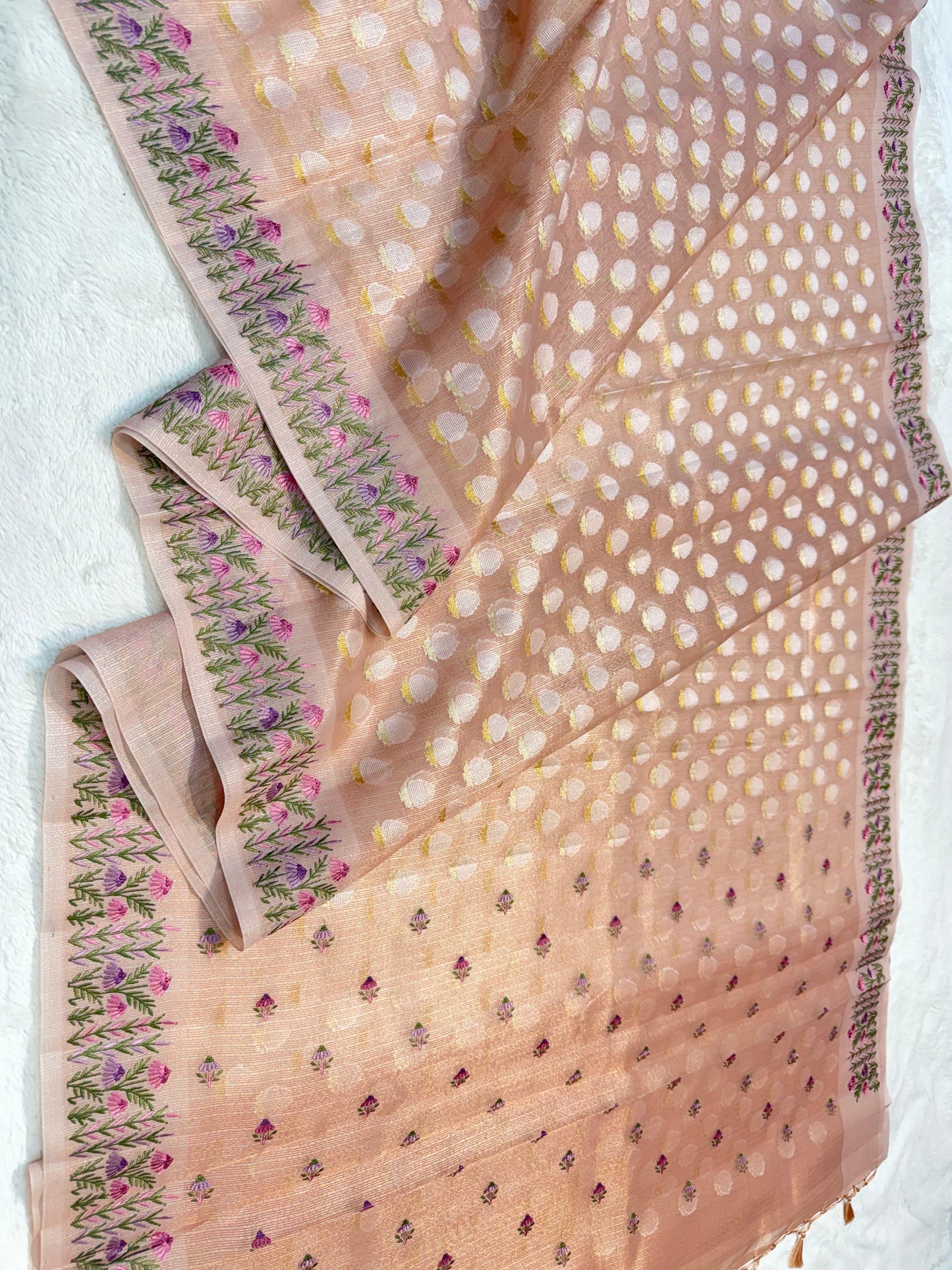 Peach Tissue Kota Designer Embroidery Premium Banarasi Saree