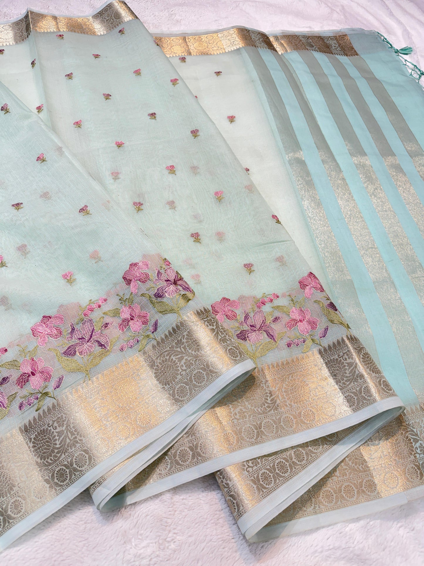 Aqua Cotton Kota Designer Embroidery Premium Banarasi Saree