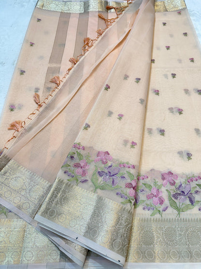 Peach Cotton Kota Designer Embroidery Premium Banarasi Saree